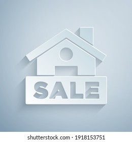 Paper cut Hanging sign with text Sale icon isolated on grey background. Signboard with text Sale. Paper art style. Vector.