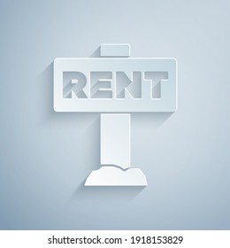 Recorte de papel Signo de ahorcamiento con texto Icono de alquiler aislado en fondo gris. Cartel con texto Para alquiler. Estilo de arte de papel. Vector.