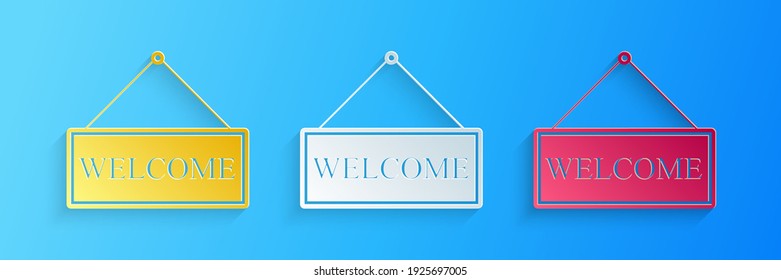 Paper cut Hanging sign with text Welcome icon isolated on blue background. Business theme for cafe or restaurant. Paper art style. Vector