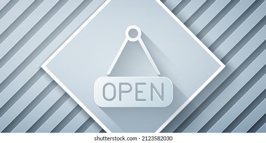 Paper cut Hanging sign with text Open door icon isolated on grey background. Paper art style. Vector