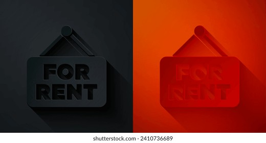 Paper cut Hanging sign with text For Rent icon isolated on black and red background. Signboard with text For Rent. Paper art style. Vector