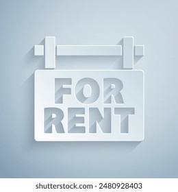 Paper cut Hanging sign with text For Rent icon isolated on grey background. Signboard with text For Rent. Paper art style. Vector