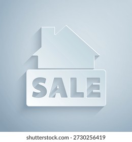 Letrero colgante de corte de papel con texto Icono de venta aislado sobre fondo gris. Letrero con texto Venta. Estilo de arte de papel. Vector