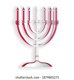 Paper cut Hanukkah menorah icon isolated on white background. Religion icon. Hanukkah traditional symbol. Holiday religion, jewish festival of Lights. Paper art style. Vector.