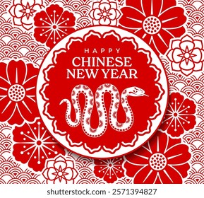 Paper cut happy Chinese new year banner with snake amidst traditional floral patterns. Vector reptile zodiac animal surrounded by bold red and white motifs, symbolize prosperity, luck, and celebration