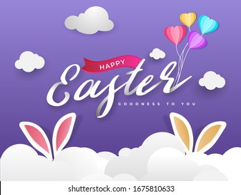 Paper Cut Happy Easter Font with Heart Balloons, Bunny Ear and Clouds on Purple Background.