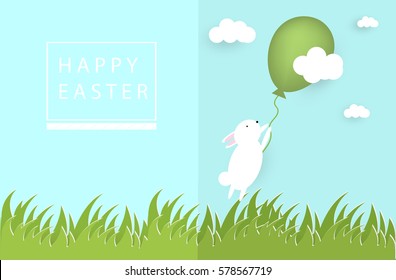 Paper cut happy easter postcard. Grass clouds, vector bunny, easter rabbit holding green balloon, blue background