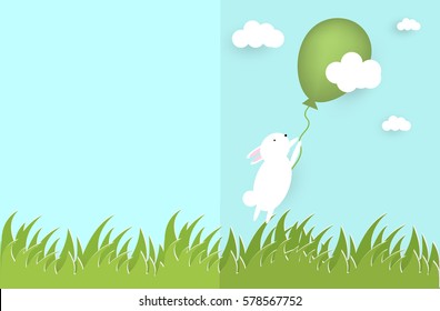 Paper cut happy easter postcard. Grass clouds, vector bunny, easter rabbit holding green balloon, blue background