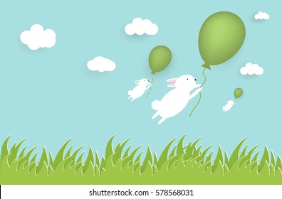 Paper cut happy easter postcard. Grass clouds, vector bunny, easter rabbit holding green ballon, blue background