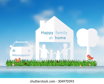 Paper cut of happy family with home and grass field, car, tree, Vector illustration template design