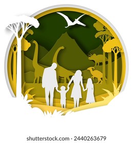 Paper cut happy family silhouette enjoying rest at dinosaurs park with jurassic monster predator walking over mountain landscape. Artificial prehistoric environment amusement attraction