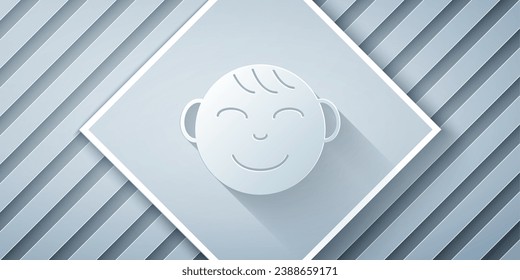 Paper cut Happy little boy head icon isolated on grey background. Face of baby boy. Paper art style. Vector