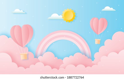 paper cut happy valentine's day concept. landscape with cloud, sun, rainbow and heart shape hot air balloons flying on blue sky background paper art style. vector illustration. 