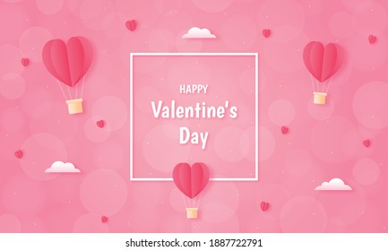 paper cut happy valentine's day concept. landscape with cloud and heart shape hot air balloons flying on pink sky background paper art style. vector illustration. 