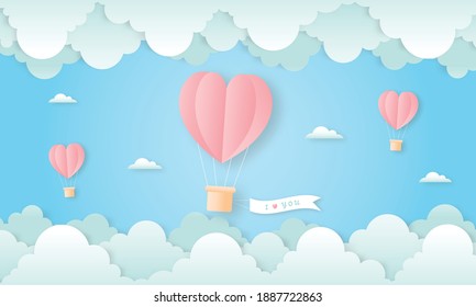 paper cut happy valentine's day concept. landscape with cloud and heart shape hot air balloons flying on blue sky background paper art style. vector illustration. 