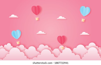 paper cut happy valentine's day concept. landscape with cloud and heart shape hot air balloons flying on pink sky background paper art style. vector illustration. 