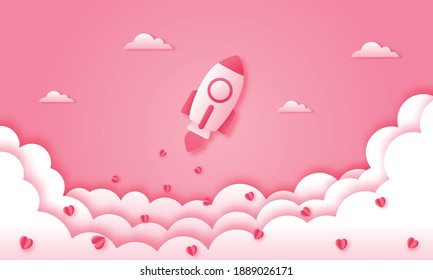 paper cut happy valentine's day concept. rocket with cloud and heart on pink sky background paper art style. vector illustration. 