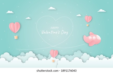 paper cut happy valentine's day concept. hearts shaped hot air balloons and airplane flying on blue sky background paper art style. vector illustration.