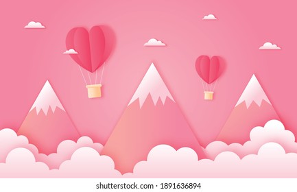 paper cut happy valentine's day concept. landscape with cloud, mountain and heart shape hot air balloons flying on pink sky background paper art style. vector illustration. 