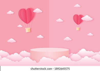 paper cut happy valentine's day concept. landscape with cloud, heart shape hot air balloons flying and geometry shape podium on pink sky background paper art style. vector illustration. 