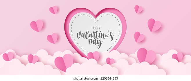 Cortado de papel del texto del día de San Valentín feliz sobre el corazón blanco con forma de corazón de papel origami sobre fondo de color pastel para tarjeta de saludo, banner, afiche, página web de cabeceras.