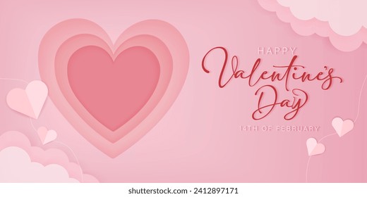 Paper cut of Happy Valentine's Day text on pink heart with origami paper heart shape on pastel color background for greeting card, banner, poster, headers website..