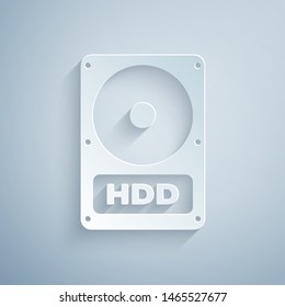 Paper cut Hard disk drive HDD icon isolated on grey background. Paper art style. Vector Illustration
