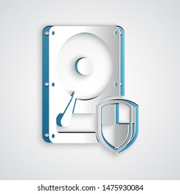 Paper cut Hard disk drive HDD protection icon isolated on grey background. Paper art style. Vector Illustration