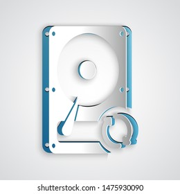 Paper cut Hard disk drive HDD sync refresh icon isolated on grey background. Paper art style. Vector Illustration