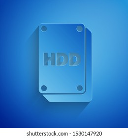 Paper cut Hard disk drive HDD icon isolated on blue background. Paper art style. Vector Illustration