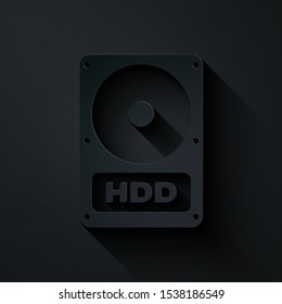 Paper cut Hard disk drive HDD icon isolated on black background. Paper art style. Vector Illustration