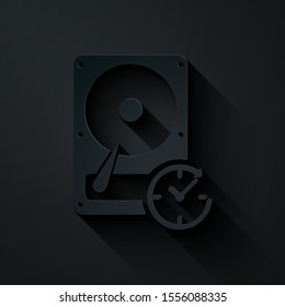 Paper cut Hard disk drive with clockwise sign, data recovery icon isolated on black background. Paper art style. Vector Illustration