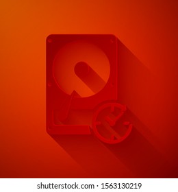 Paper cut Hard disk drive with clockwise sign, data recovery icon isolated on red background. Paper art style. Vector Illustration