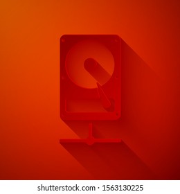Paper cut Hard disk drive on sharing network icon isolated on red background. Paper art style. Vector Illustration