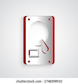 Paper cut Hard disk drive HDD icon isolated on grey background. Paper art style. Vector Illustration