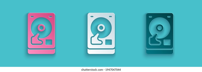 Paper cut Hard disk drive HDD icon isolated on blue background. Paper art style. Vector