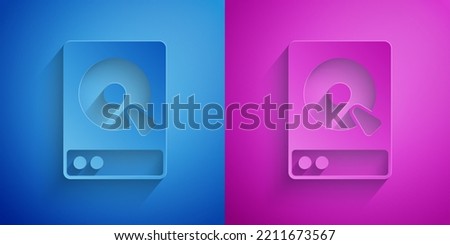Paper cut Hard disk drive HDD icon isolated on blue and purple background. Paper art style. Vector