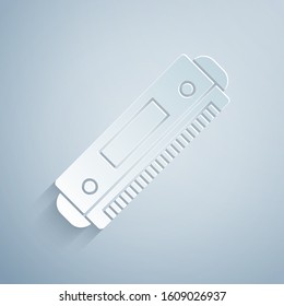 Paper cut Harmonica icon isolated on grey background. Musical instrument. Paper art style. Vector Illustration