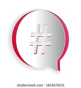 Papier geschnitten Hashtag in Kreis Symbol einzeln auf weißem Hintergrund. Social Media Symbol, Konzept der Nummer Zeichen, soziale Medien, Mikro-Blogging pr Popularität. Kunststil aus Papier. Vektorgrafik.