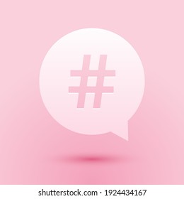 Paper cut Hashtag in circle icon isolated on pink background. Social media symbol, concept of number sign, social media, micro blogging pr popularity. Paper art style. Vector