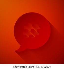 Paper cut Hashtag speech bubble icon isolated on red background. Concept of number sign, social media marketing, micro blogging. Paper art style. Vector Illustration