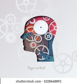 Paper cut head. Colorful head, with 3D gear mechanism on a silver, metallic background. Process of thinking, artificial intelligence. Modern vector illustration. Banner, card.
