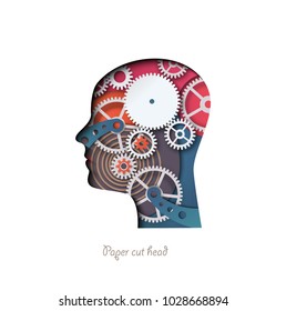 Paper cut head. Colorful head, with 3D gear mechanism. Process of thinking, artificial intelligence. Modern vector illustration. Banner, card.
