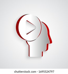 Paper cut Head people with play button icon isolated on grey background. Paper art style. Vector Illustration