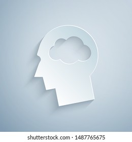 Paper cut Head silhouette with cloud icon isolated on grey background. Dreaming sign. Paper art style. Vector Illustration