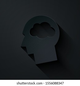 Paper cut Head silhouette with cloud icon isolated on black background. Dreaming sign. Paper art style. Vector Illustration