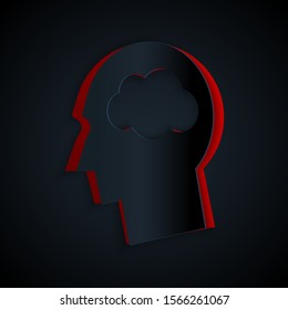 Paper cut Head silhouette with cloud icon isolated on black background. Dreaming sign. Paper art style. Vector Illustration