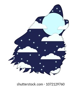 Paper cut. Head of wolf howling at full moon carved from paper with a background of carved sky with clouds, stars and moon.