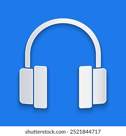 Icono de auriculares de corte de papel aislado sobre fondo azul. Auriculares. Concepto para escuchar música, servicio, comunicación y operador. Estilo de arte de papel. Vector