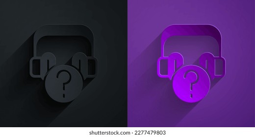 Paper cut Headphones with question icon isolated on black on purple background. Support customer service, hotline, call center, faq, maintenance. Paper art style. Vector
